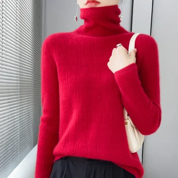 100% Шерстяной кашемировый свитер, Женский пуловер 2023, Осенне-Зимний вязаный свитер с высоким воротом, Свободная подкладка, Модный мягкий топ