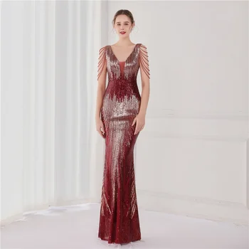 2023 новое длинное платье с градиентом в виде рыбьего хвоста с блестками, сетчатое красное платье для банкета, модель автомобиля, этикет, вечернее платье 1