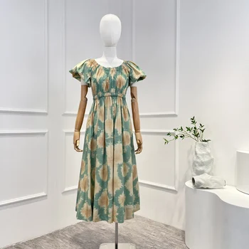 2023 Новое зеленое весенне-летнее хлопковое Высококачественное винтажное Женское повседневное платье миди с завязками на талии 1