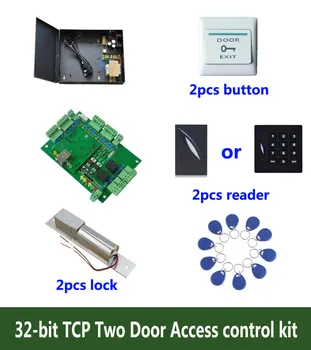 32-разрядный комплект контроля доступа RFID-карты, TCP-Двухдверный контроль доступа + Powercase + Ригельный замок + Считыватель идентификаторов + Кнопка выхода + 10 идентификационных меток, Sn: Kit-T202 1
