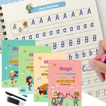 4 Книги Многоразового использования Тетрадь для каллиграфии, Изучающая алфавит, рисование, арифметику, математику, учебник для практики детского почерка, детская игрушка