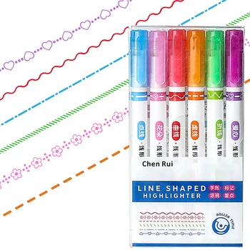 6 Цветов Забавный Двухлинейный рисунок Контурным маркером, Разноцветный роликовый наконечник, Кривая ручка, Сухая роспись, Кавайные маркерные ручки 1