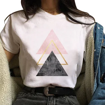 E25 Красивая футболка с геометрическим принтом, топы, футболки, милые женские футболки с коротким рукавом