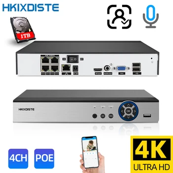 HKIXDISTE H.265 4ch POE NVR Система Видеонаблюдения CCTV P2P 8MP Подключаемый и Воспроизводимый Сетевой Видеомагнитофон XMEYE 4K