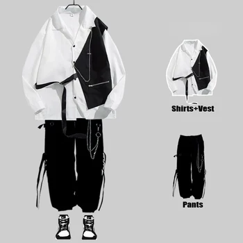 HOUZHOU Techwear Мужские Комплекты Брюки Карго Мужская Рубашка Комплект Рубашек с длинным рукавом Корейская Уличная одежда в стиле хип-хоп Harajuku Весна