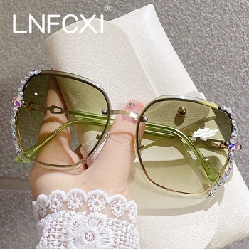 LNFCXI Солнцезащитные очки со стразами без оправы для женщин с металлической отделкой, серо-розовые Градиентные Солнцезащитные очки, Женские модные Брендовые дизайнерские очки 1