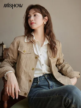 MISHOW Джинсовые Кожаные Короткие куртки для женщин Осень 2023, Корейская Повседневная женская уличная одежда в стиле ретро с карманами на пуговицах, Пальто MXC41W0054 1