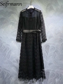 Seifrmann Высококачественное весеннее женское модное дизайнерское длинное платье с поясом, высокой талией, открытыми плечами, большими размахами, черными платьями с принтом