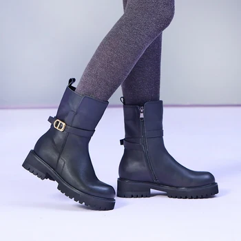 Vallu/новинка зимы 2021, кожаные бархатные повседневные теплые универсальные короткие ботинки с пряжкой высокого класса 1