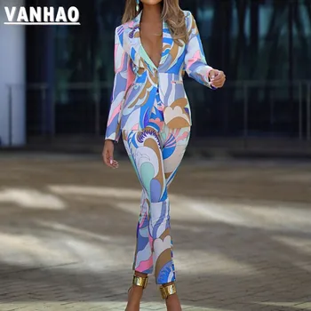 VANHAO Офисные Длинные брюки с модным принтом и блейзер с лацканами на пуговицах, женские костюмы из двух частей, Оптовая продажа 2022, Прямая поставка 1