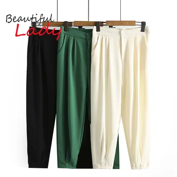 XL-4XL Женские брюки с высокой талией, Большие Размеры, Свободные брюки для женщин, Зеленые Брюки, Белые черные шаровары 1