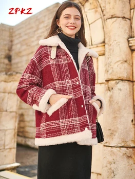 ZPKZ Женское пальто в красную клетку, зимнее новое винтажное модное пальто с отворотом из искусственного кроличьего пуха, толстое теплое пальто