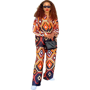 Африканский комплект из двух предметов, блузка в полоску с длинными рукавами, топы и брючные костюмы, Весенне-осенний Женский комплект-футляр в тон 1