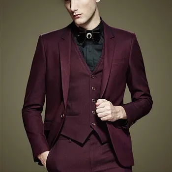 Бордовый пиджак с зубчатым отворотом на одной пуговице + брюки + жилет, модный мужской костюм Terno, Элегантные мужские костюмы, официальный красивый 1