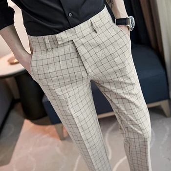Весенне-летние Мужские Модельные брюки, Высококачественная Мужская одежда, Мужской Повседневный приталенный костюм в английскую клетку со средней талией, Брюки 36 1