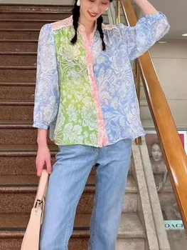 Весенне-летняя женская рубашка с воротником-стойкой, нишевый цветной лоскутный принт, Свободная Милая женская блузка с длинными рукавами, новинка 2023 1