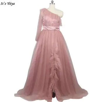 Вечернее платье It's Yiiya, Темно-Розовое, с рюшами на одно плечо, С Длинными рукавами До пола, На молнии, Трапециевидной формы, Плюс размер, Женское вечернее Платье H996