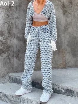 Винтажный уличный Сексуальный Джинсовый костюм Spice Girl, Женский осенний Новый кардиган с V-образным вырезом и кисточками, пальто + Прямые повседневные брюки, Модный комплект из 2 предметов