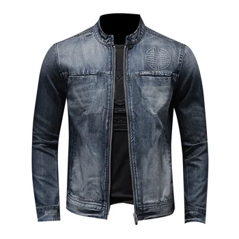Высококачественная джинсовая куртка с воротником-стойкой, Мужская Демисезонная Мотоциклетная джинсовая куртка на молнии, Повседневное Байкерское мужское пальто S-3XL