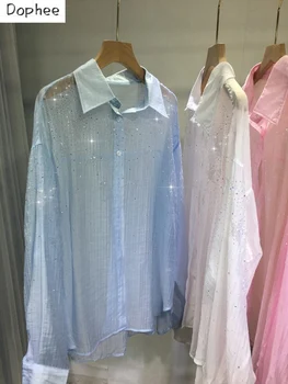 Высококачественная женская солнцезащитная рубашка с отложным воротником, Тонкие крутые Кардиганы, Летние блузки средней длины с блестящими бриллиантами