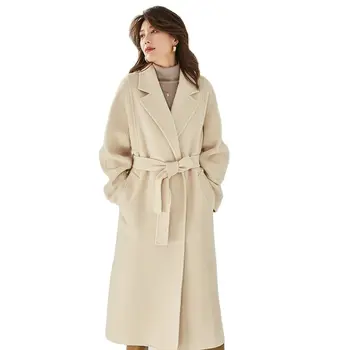 Двустороннее шерстяное и кашемировое длинное пальто с разрезом и отложным воротником, расшитое бисером, Женское осенне-зимнее пальто на шнуровке