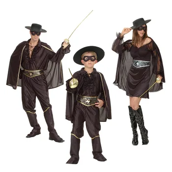Детская одежда Детский Маскарадный костюм Зорро на Хэллоуин, накидка, куртка, Маска для глаз, Ремень, Брюки, бахилы, шляпа