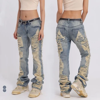 Джинсы с микро-клешами для мужчин и женщин, ручная работа, Сильно выстиранная Универсальная джинсовая пара