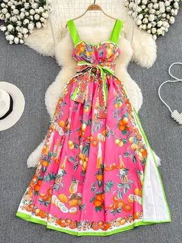 Дизайнерское летнее платье Truerolory 2022 для подиума, Женские Винтажные длинные платья на бретельках с цветочным принтом лимона и поясом 1