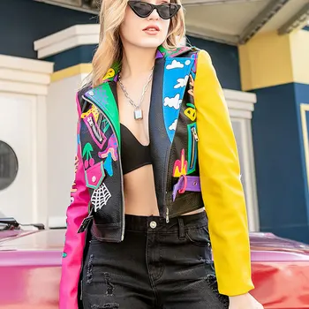 Женская куртка из искусственной кожи с рисунком граффити в клубном стиле с принтом огня и радуги, Женская мотоциклетная короткая кожаная верхняя одежда