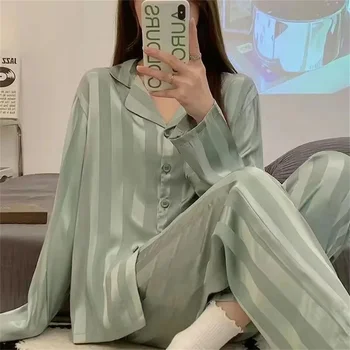 Женские пижамные комплекты, топ с длинным рукавом, брюки, шелковый домашний костюм, весенняя свободная хлопковая повседневная одежда для сна, Корейский пижамный комплект