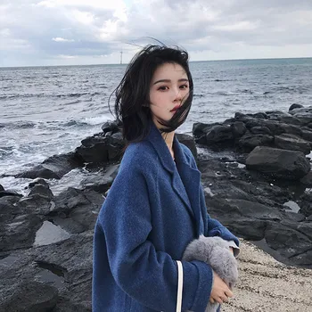 Женское зимнее однобортное шерстяное пальто С длинным рукавом, синее шерстяное пальто С лацканами, Небесно-голубое Женское пальто в корейском стиле, верхняя одежда