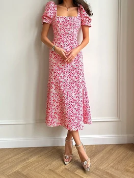 Женское Элегантное Винтажное платье миди с цветочным принтом Chollius, Квадратным вырезом, Пышными рукавами и Завязкой спереди - Y2K