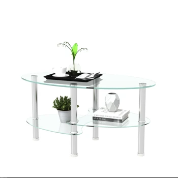 Журнальный столик из прозрачного овального стекла, Современный столик с ножкой из нержавеющей стали, Чайный столик 3-слойный стеклянный столик для гостиной 1