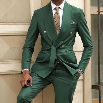 Зеленые Мужские костюмы Высокого Качества Slim Fit, 2 предмета, модный платок с лацканами, Двубортный мужской Блейзер, Повседневный свадебный костюм для выпускного вечера 1