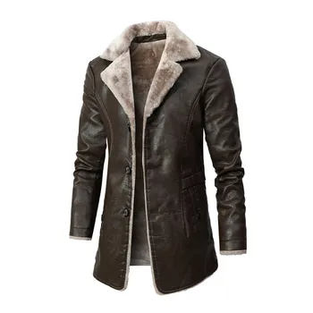 Зимнее пальто из искусственной кожи для мужчин с плюшевой подкладкой, европейским кодом и стильным дизайном 1