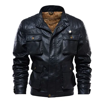 Зимние модные мужские кожаные куртки из плотного флиса и пальто с несколькими карманами, мотоциклетная куртка из искусственной кожи, Большие размеры L-5XL