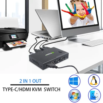 Игровой коммутатор, совместимый с TYPE-C/HDMI, USB-коммутатор 2 В 1 Из Двух компьютеров с общим монитором KVM-коммутатор Подключи и играй 4K при частоте 30 Гц