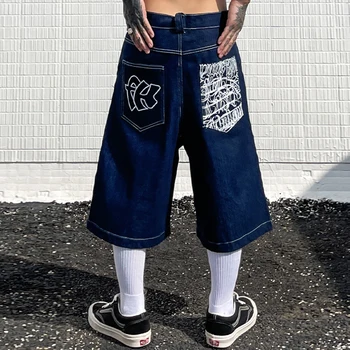 Карманы в стиле хип-хоп, вышивка, буквенный принт, Джинсовые шорты для мужчин, Летние ретро, Негабаритные Широкие джинсовые брюки длиной до колена