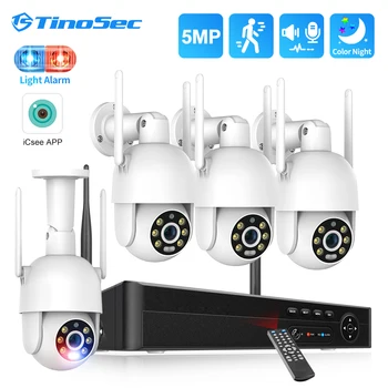 Комплект видеонаблюдения TinoSec 5MP, Красная, синяя световая сигнализация, Беспроводная камера видеонаблюдения, комплект системы безопасности, Поддержка Onvif, видеорегистратор, полноцветный