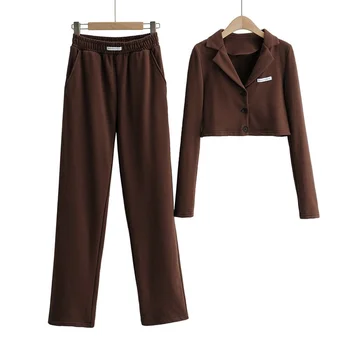 Комплекты из двух предметов, короткий пиджак с воротником-стойкой и повседневные широкие брюки с высокой талией, Весенний новый женский повседневный однотонный комплект 1