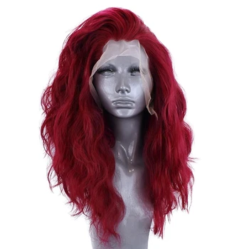 Красные длинные волнистые парики на кружеве для женщин, синтетический парик на кружеве, натуральные волнистые парики с челкой сбоку, 16 Дюймов 1