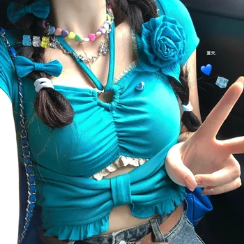 Летние кавайные милые женские футболки на бретелях, Уличная одежда Y2k, Уникальный укороченный топ с вырезами в виде сердечек, Сексуальные тонкие шикарные футболки