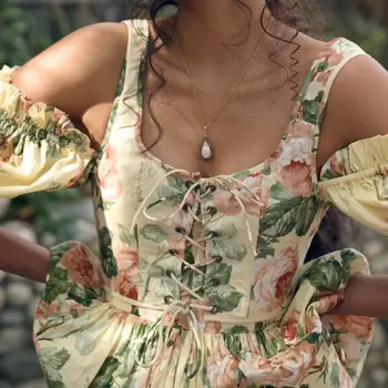Летняя женская винтажная майка с цветочным принтом, Подтяжки с регулируемой талией, модный британский винтажный стиль
