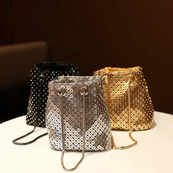 Летняя женская сумка-ведро с бриллиантами на цепочках, сумки через плечо через одно плечо, сумка для вечернего ужина, женские сумки с завязками, расшитые бисером