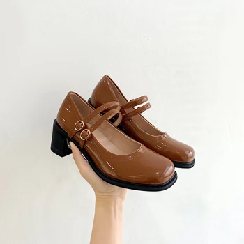 Маленькие французские женские туфли на высоком каблуке 2023, весенний новый французский вечерний стиль с юбкой, тонкие кожаные туфли Мэри Джейн на толстом каблуке 1