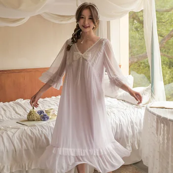Модальная пижама в стиле ретро с бантом в дворцовом стиле, женская весенне-осенняя милая кружевная сетчатая пряжа, домашняя одежда сказочной принцессы 1