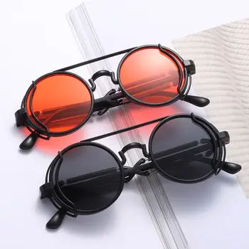 Модные солнцезащитные очки с защитой от UV400 в стиле панк с двойными пружинящими висками, Круглые солнцезащитные очки, солнцезащитные очки в стиле Стимпанк, Мужские очки
