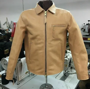 Мужская кожаная куртка бежевого цвета, байкерская мотоциклетная куртка из натуральной овечьей кожи, пальто 1