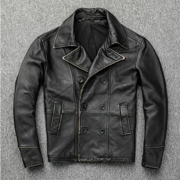 Мужская куртка из натуральной кожи, черная потертая винтажная мотоциклетная куртка Cafe Racer 1