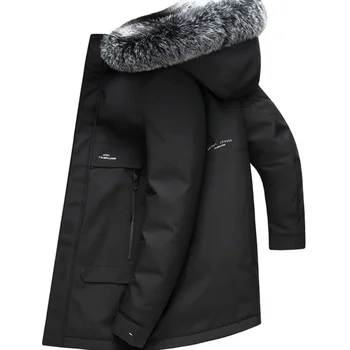 Мужская куртка на 90% белом гусином пуху средней длины 2023, зимние куртки, теплые Утолщенные пальто, Мужское пальто с капюшоном и воротником из лисьего меха 1